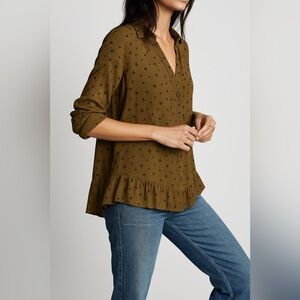Free People Olive Star Patterned Ruffle Blouse XS